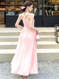 Daiiibabyyy Women Elegant Pink Sleeveless Backless Long Dresses Summer Holiday Goddess High Waist Halter Pleated A-line Sundress Vestido