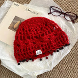 Daiiibabyyy  Bohemian Color Beaded Fringed Knitted Beanies Y2K Summer and Autumn Travel Fashion Versatile Breathable Pullover Hats Women