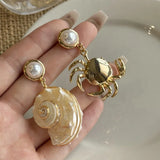 Daiiibabyyy  New Ocean Style Pearl Conch Earrings Women's Beach Vacation Crab Shell Asymmetry Earrings Elegant Unique Jewelry Accessories
