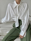 Daiiibabyyy White Satin Blouse Women Vintage Striped Shirts Female Elegant Long Sleeve Polo Neck Tops Ladies Casual Single Breasted Blusas