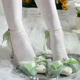 Daiiibabyyy  Mid Heel Shoes Woman Pink Green White Heels Pointed Toe Bridal Heels Lolita Heels Y2K Accessories Bow Pearl Stiletto Women