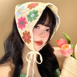 DAIIIBABYYY  -  New Summer Sweet Color Matching Crochet Knitted Headscarf Women's Seaside Beach Vacation Hollow Triangular Scarf Headband