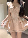 Daiiibabyyy  Kawaii Pink Mini Dress Women Party Cutecore Lace Patchwork Dresses Summer Japanese Fashion Flying Sleeve Bodycon A Line Vestidos