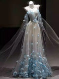 Daiiibabyyy  Fairy Blue A-line Evening Gown Dresses Fashion 3D Followers Wedding Dress Simple Photo Shoot Floor-Length Birthday Party Dress