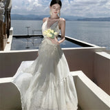 DAIIIBABYYY  -  Bohemian Fashion Women Holiday Camis Straps Long White Dress Sexy Hollow Waist Backless Deep V Neck Seaside Beach Fairy Dress