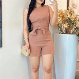 Daiiibabyyy  Summer Casual Hight Waist Solid Color Rompers Women Fashion Simple Draped Party Playsuits Elegant Commute O-neck Short Jumpsuit