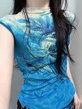 Daiiibabyyy  New Design Sense Niche Summer Outfit Age Reducing Short Sleeved Blue Blend Top Women Unique Beautiful Mini