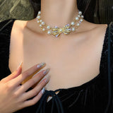 Daiiibabyyy Fashion 2-layers White Imitation Pearl Choker with Metal Slice Fixation Wide Bib Necklace Jewelry for Charm Women Party Gift
