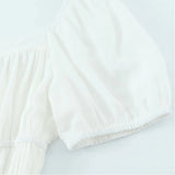 Daiiibabyyy  Holiday White Bow O neck Elastic Body Puff Sleeve Long Dress Women Slim Ruched Waist A-lined Swing Dresses Summer Robe Vestidos