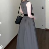 DAIIIBABYYY  -  Women's New French Round Neck Grey Dress Two Sided Wear Style Summer Butterfly Knot Waist Design Sleeveless Ankle-Length Dresses