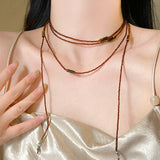 Daiiibabyyy  Vintage Brown Crystal Beaded Long Necklace for Women Fashion Trendy Stacking Geometric Clavicle Chain Y2K Jewelry Accessories