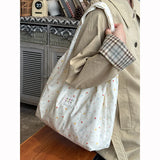 Daiiibabyyy  Women's Tote Bags Korean Floral Sweet Fashionable Versatile Canvas Bags New Large Capacity Commuting Shoulder Bags For Girl