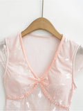 DAIIIBABYYY  -  Spicy Girl Retro Mesh See-through Bow V-neck Flying Sleeves T-shirts Women's Summer Pure Desire Style Butterfly Pullover Tops