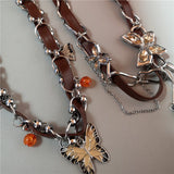 DAIIIBABYYY  -  Sweet Cool Butterfly Star Tassel Leather Brown Choker Clavicle Chain Necklace Female Punk Spicy Girl Grunge Accessories Jewelry