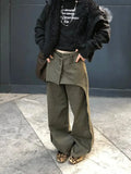 Daiiibabyyy  Green Fake Two-Piece Cargo Jeans Women Wide Leg High Waist Denim Trousers American Vintage Oversized Pants Streetwear
