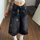 Daiiibabyyy  Women's Clothing American Retro Star Printed Jeans Fashion Ripped Summer Streetwear High Waist Loose Casual Straight Capri Pants