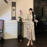 DAIIIBABYYY  -  Autumn Floral Mesh Long Sleeve Chic Bow Collar Long Dress Women Elegant Bodycon Slit Dress 2025 Korean Fashion Party Night Dress