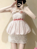 Daiiibabyyy  Y2k Sweet Japanese Vintage Lolita 2 Piece Sets Women Lovely Ruffle Tops + High Waist Skirts Kawaii Casual Cute Outfits New
