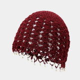Daiiibabyyy  Casual Sweet Crochet Hollow Knitted Hat Beads Tassels Bohemian Style Knit Beanies Korean Handmade Weave Cap Outdoor