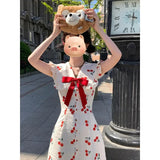 DAIIIBABYYY  -  Summer Fashion Small Girl Red Cherry Print Doll Dress Women Cute Bow Slim Mini Shirt Dress Holiday Sleeveless Short A Line Skirt