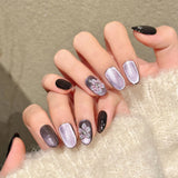 Daiiibabyyy  10Pcs Handmade Press On Nails Purple Crystal Flower Fake Nails With Design Japanese Style Glitter Cat's Eye Artificial Nail Tips