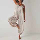 Daiiibabyyy  Vintage Pattern Print High Waist Summer Playsuits Elegant V-neck Tie-up Suspender Romper Casual Sleeveless Loose Women Jumpsuit