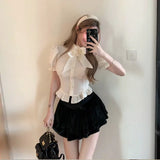 DAIIIBABYYY  -  Preppy Bow Shirts Women Fashion Streetwear Cropped Puff Short Sleeve Blouses Summer Y2K Gyaru Korean Design Slim Tops New