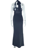 Daiiibabyyy  Solid Spliced Appliques Slimming Backless Dresses for Women Halter Sleeveless High Waist Temperament Dress Female Fashion