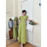 DAIIIBABYYY  -  Green Dress for Women Puff Sleeve Hollowed-Out Pleated Dresses Slimming Korean Fashion Hot Girls A-line Skirts Preppy Clothes