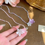 Daiiibabyyy  Purple Flower Crystal Bead Necklace Colorful Mixed Glass Beads Gentle Exquisite High-End Sweet Necklace Women's Jewelry Gifts