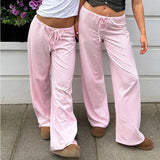 Daiiibabyyy  Casual Striped Pants Draped Floor-Length Women Autumn All-season Multiple Styles High Waist Tie Straight Comfortable Home Pants