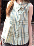 Daiiibabyyy  Preppy Japanese Turn Down Collar Sleeveless Single Breasted Plaid Women Shirt