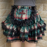 DAIIIBABYYY  -  European Subculture Lolita Lolita Red Green Plaid Lace Cake Tutu Skirt Women‘s Shopping Popular Y2K Versatile Clothing Miniskirt