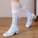 DAIIIBABYYY  -  Sweet Lolita Ballet Style Pumps Women's Big Size 43 Pink High Heels Shoes Ribbon Cross Lace-up Mary Jane Shoes