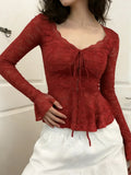 Daiiibabyyy  Sexy Y2k Lace Flower Slim Fit Tshirts for Women 2026 Ropa Mujer V Neck Bandage Cropped Tops Korean Fashion Flare Sleeve T-shirt