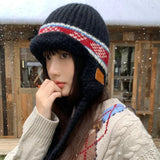 Daiiibabyyy  Japanese Ethnic Style Jacquard Knitted Ear Protection Beanie Cap for Men and Women Winter Warm Versatile Lace-up Bomber Hats
