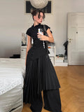 Daiiibabyyy  Fashion Solid Lapel Short Sleeve Slim Cropped Blouse Vintage Women Black Irregular Buttons Top Lady Daily Street Y2k Tops