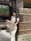 Daiiibabyyy  French Style Satin Halter Cami Top Women Summer High Waist Mermaid Skirt Set Sleeveless Elegant Two Piece Outfit high quality