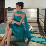 DAIIIBABYYY  -  Blue Sexy Strapless Princess Birthday Party Dress Summer Holiday Beads Belt A Line Mini Dress Slash Neck Ribbon Slim Short Skirt