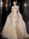 Daiiibabyyy  Golden Woman Evening Dress Luxury Sexy Tube Top Butterfly Sequin Backless Mermaid Pleated Lady Banquet Party Wedding Bride Gown