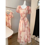 Daiiibabyyy  Women's Elegant Puff Sleeve Ruffles V Neck Floral Long Dress Lady Summer Short Sleeve Slim A Line Long Dress