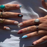 Daiiibabyyy  24PCS Sweet Cool Almond False Nails Blue French with Simple Star Polka Dots Designs Fake Nails Spice Girls Wearable Ins Nail Set