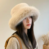 Daiiibabyyy  Big Fluffy Faux Fur Bucket Hat for Women Luxury Plush Fisherman Hat Warm Winter Hat Thicken Cold Snowy Day Panama Cap