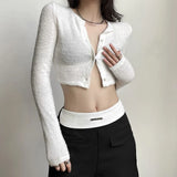 DAIIIBABYYY  -  New Women's Solid Color Slim Fit with Exposed Navel Fashion Round Neck Long Sleeved Cardigan T-shirt for Women