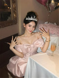 DAIIIBABYYY  -  French Celebrity Princess Girl Pink Birthday Dress Women Slash Neck Bow A Line Party Mini Dress Off Shoulder Slim Short Dress