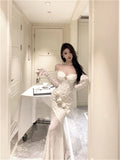 DAIIIBABYYY  -  French Fashion Off Shoulder 3d Flower Long Dress Strapless Long Sleeve Sexy Slash Neck Pencil Dress Elegant Evening Party Dress