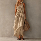 Daiiibabyyy  Cotton Linen Casual Pocket Solid Long Dress Elegant Draped Hight Waist Women Dress Sleeveless Slanted Shoulder Loose Party Dress