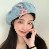 Daiiibabyyy Denim Bow Knot Sweet Summer Spring Berets Ladies Women Girls Fashion Trendy Outdoor Street Cap
