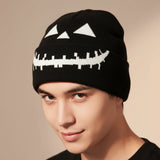 Daiiibabyyy  Knitted Fabric Pumpkin Beanie Hat Pumpkin Orange Soft Texture Halloween Knitted Cap Lightweight Cuffed Brim Hip Hop Skullcap