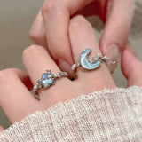 Daiiibabyyy  New Blue Planet Star Moon Rings for Women Zircon Rhinestone Pearl Open Finger Rings Sweet Party Y2K Jewelry 2000S Girls Gifts
